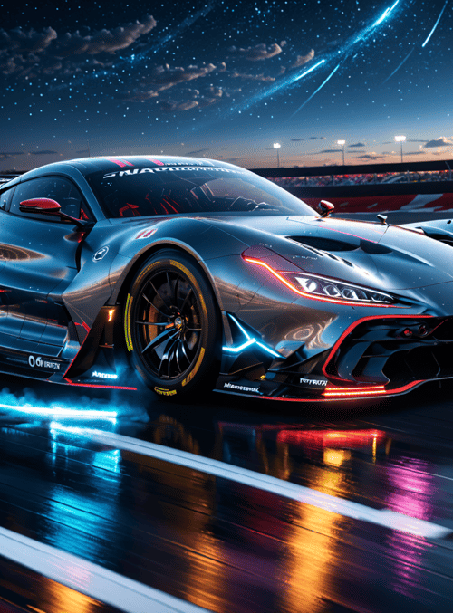 sports car, race track, night sky
