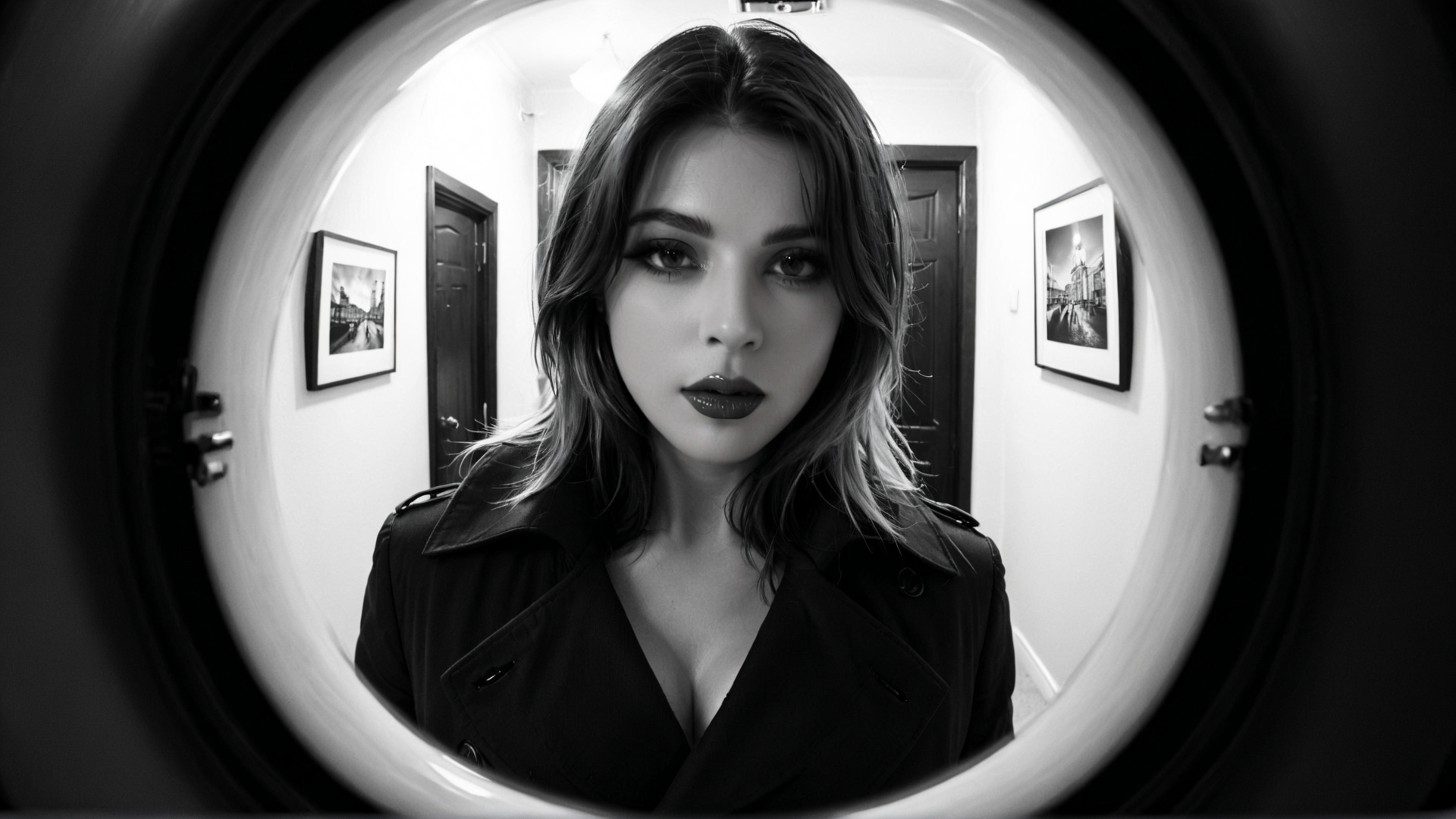 AI generated wallpaper featuring woman, mirror, corridor, door, picture