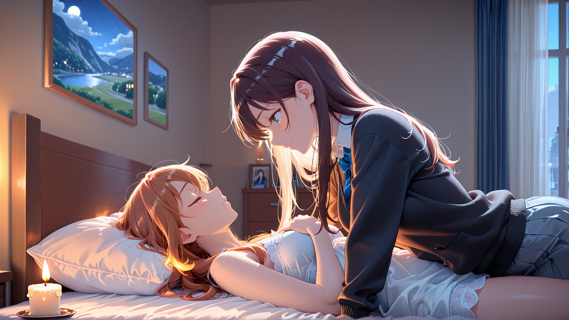AI generated wallpaper featuring girls, bedroom, candle