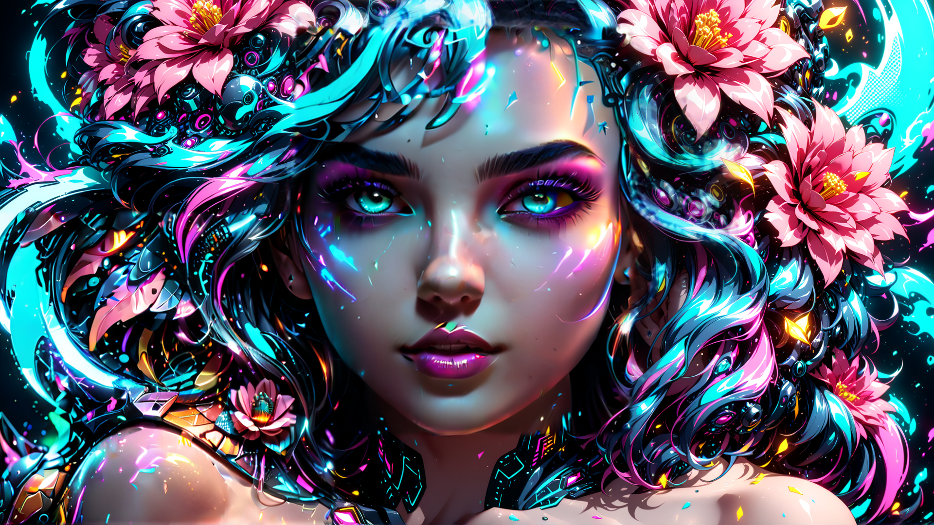 AI generated wallpaper featuring woman, flowers, cyber