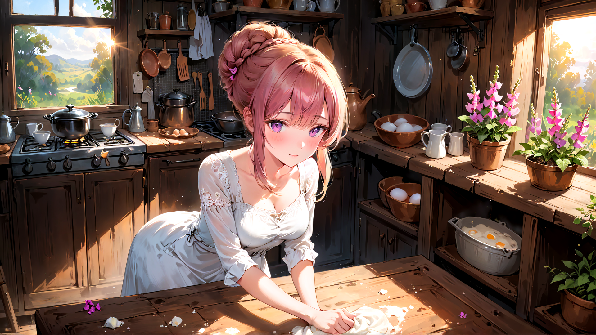AI generated wallpaper featuring woman, kitchen, cook, flour, eggs, pot, teapot, flowers, window, bowl