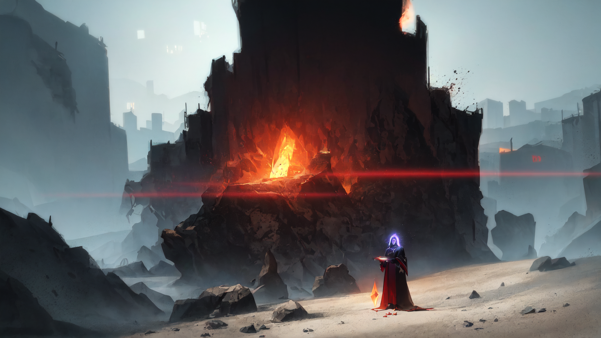 AI generated wallpaper featuring mage, ruins, fire