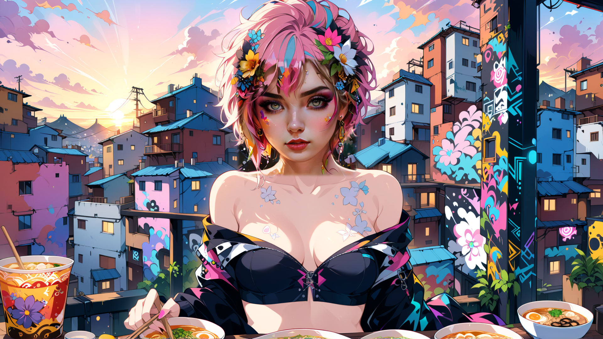 AI generated wallpaper featuring woman, cityscape, food