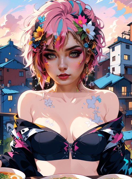 woman, cityscape, food