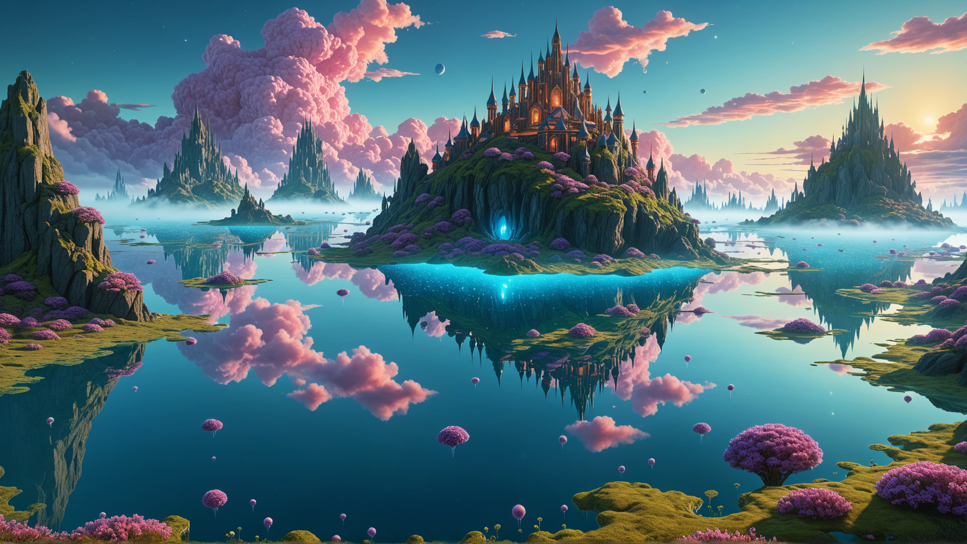AI generated wallpaper featuring castle, landscape, water