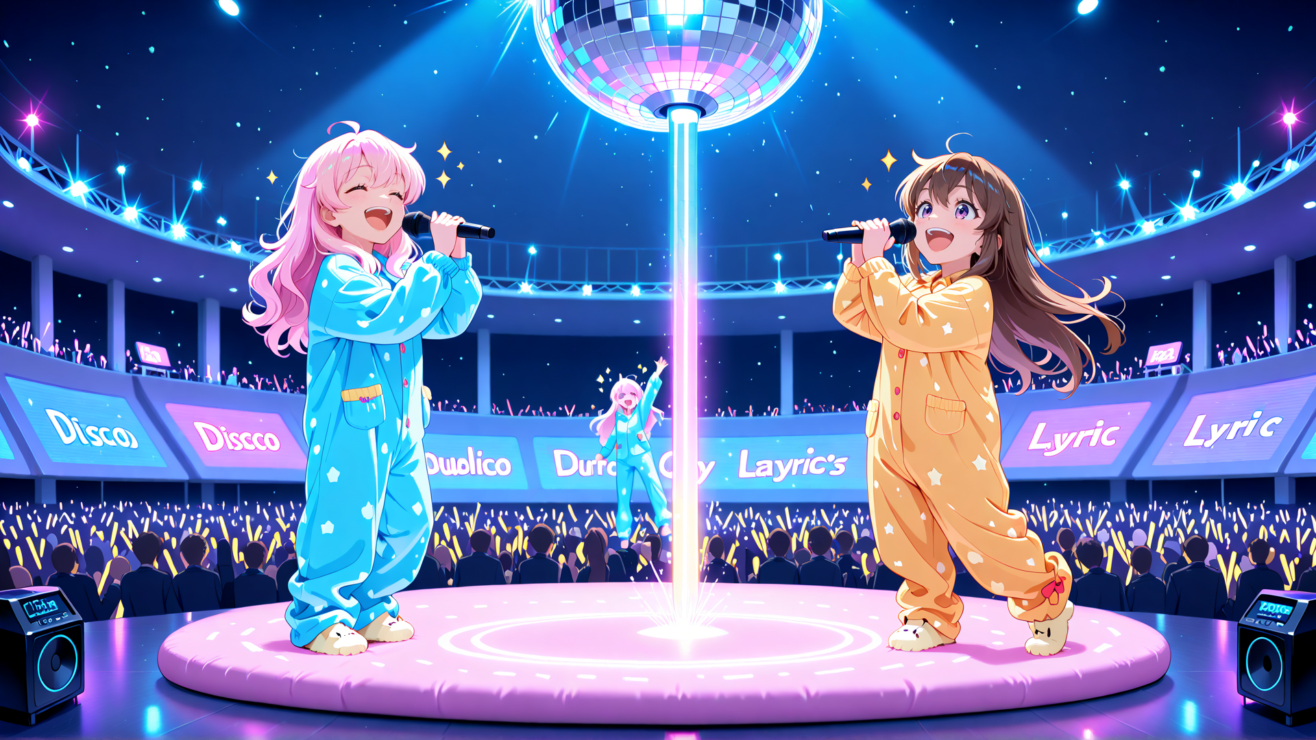 AI generated wallpaper featuring anime characters, singers, disco ball
