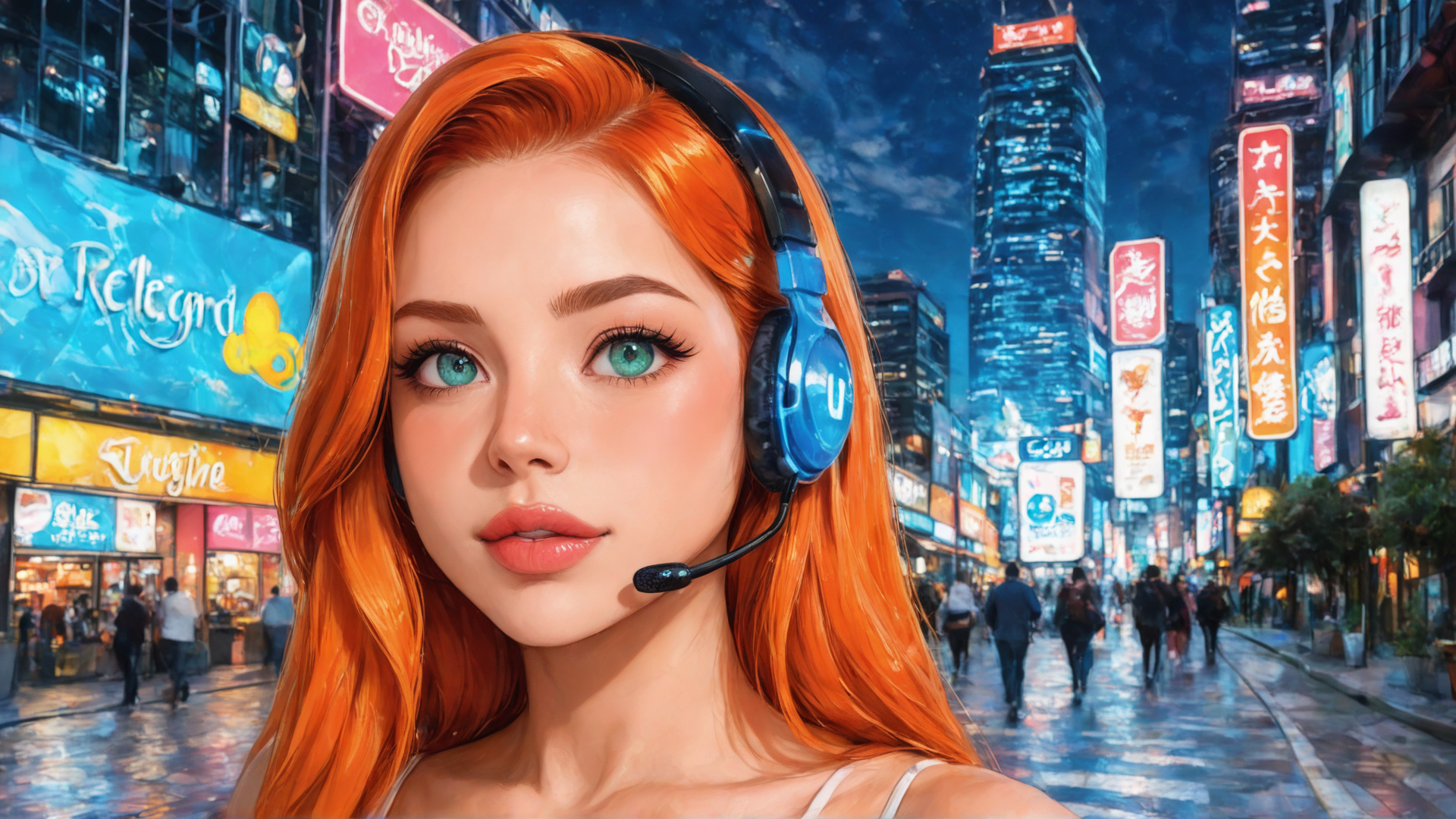 AI generated wallpaper featuring woman, headphones, city, street, signs, buildings, people, neon, red hair, headset