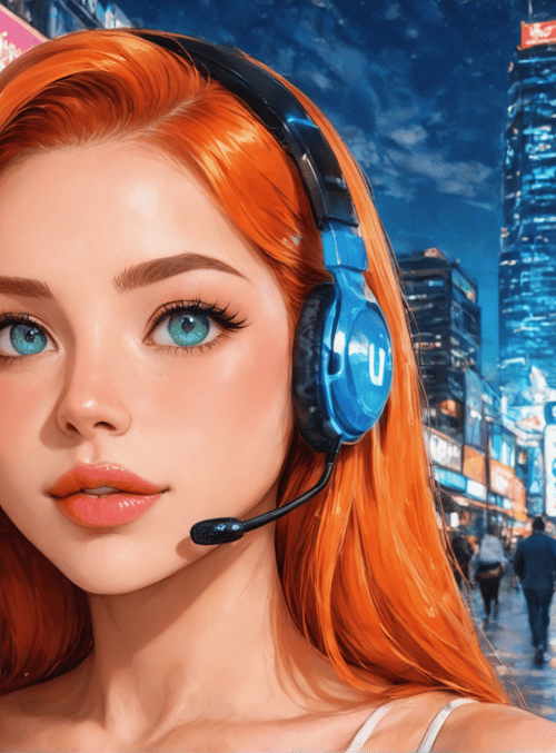 woman, headphones, city, street, signs, buildings, people, neon, red hair, headset