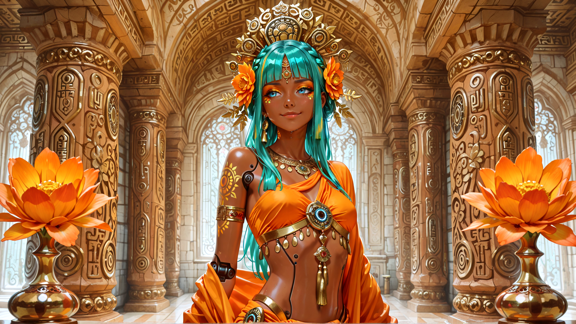 AI generated wallpaper featuring woman, statue, flower, column, headdress