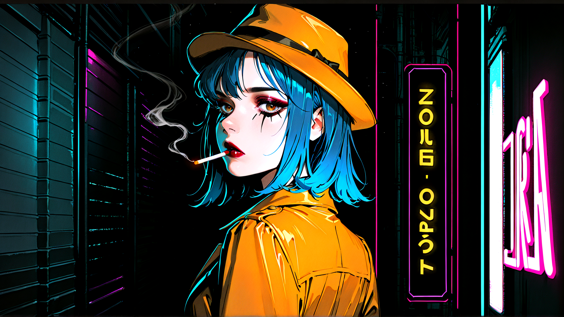 AI generated wallpaper featuring woman, neon, hat, cigarette, jacket, sign
