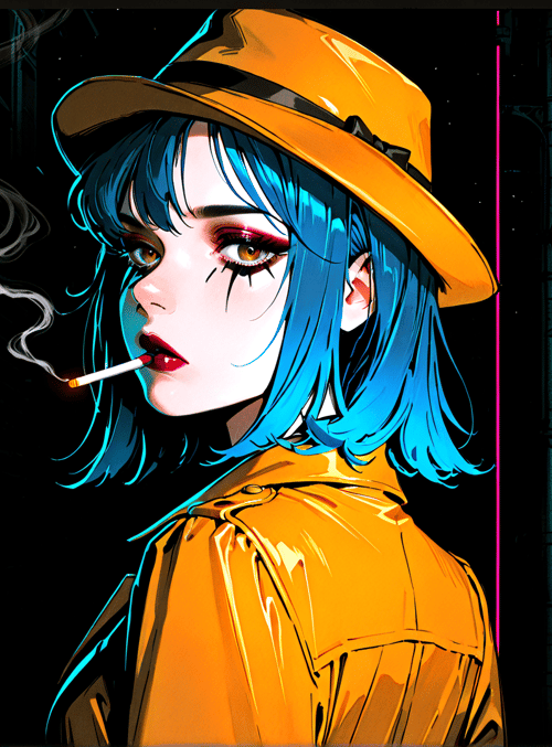 woman, neon, hat, cigarette, jacket, sign