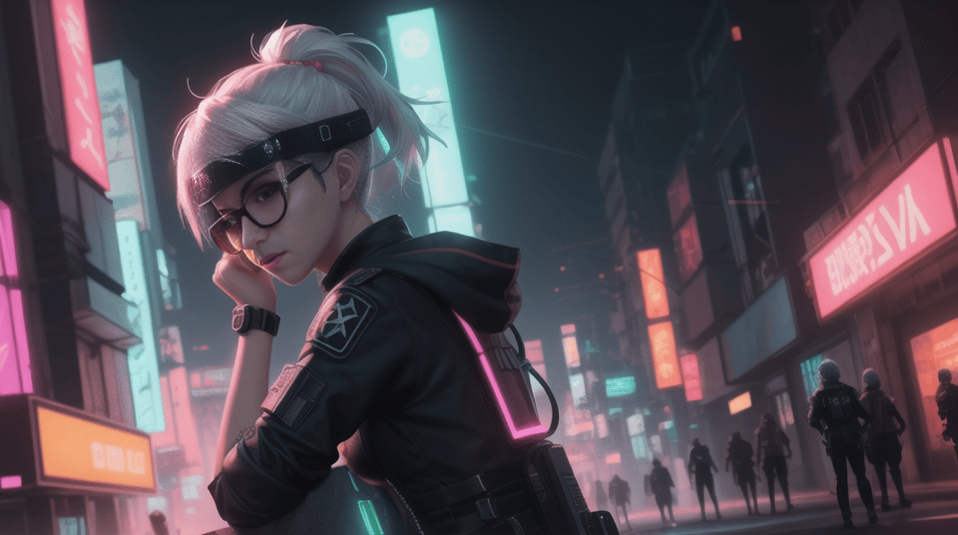 AI generated wallpaper featuring cyborg, girl, city