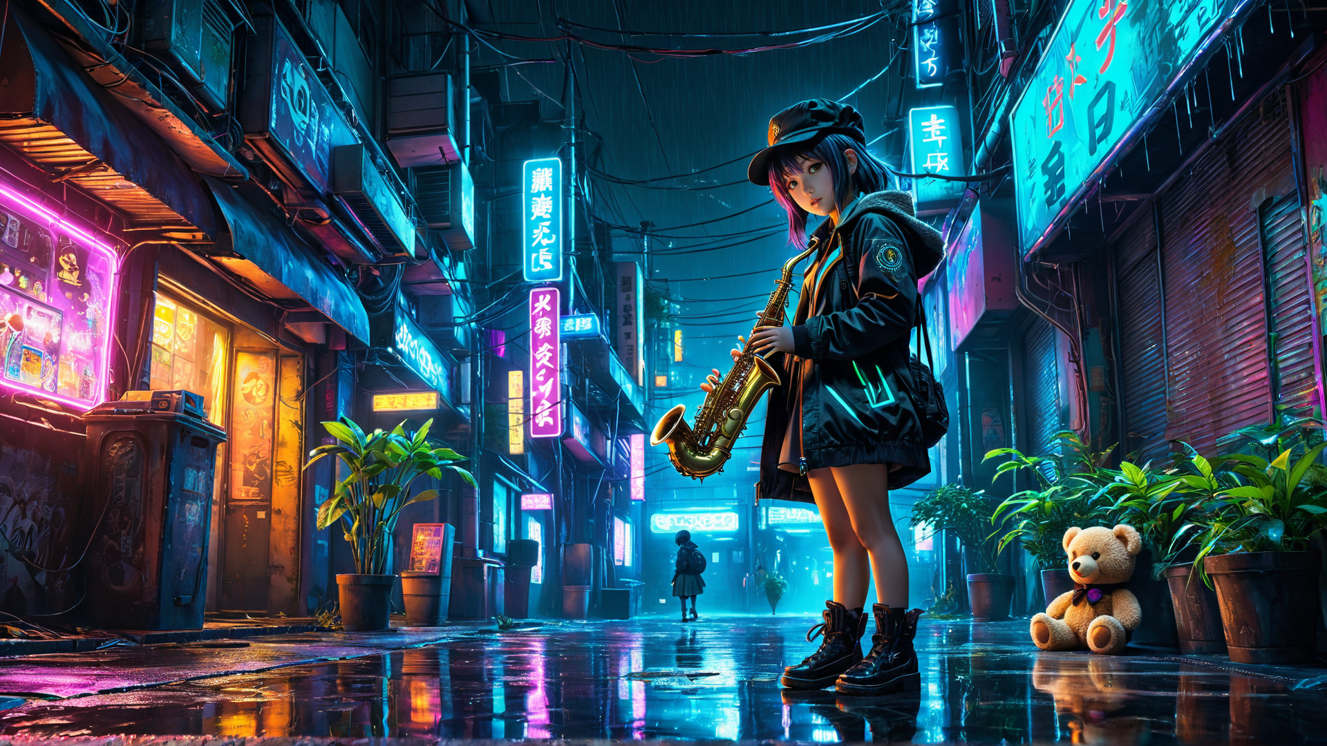 AI generated wallpaper featuring girl, saxophone, teddy bear