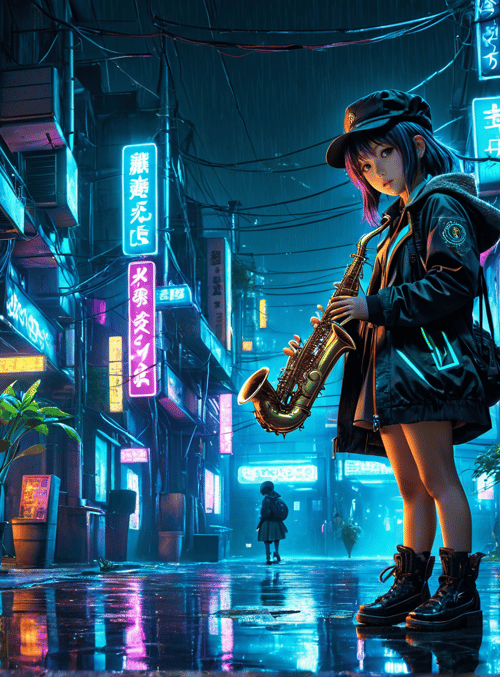girl, saxophone, teddy bear