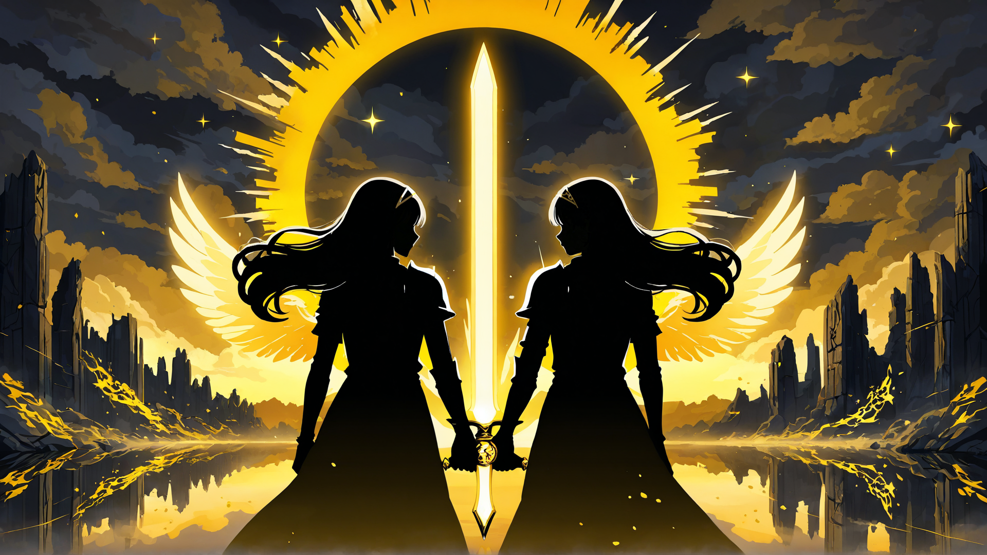 AI generated wallpaper featuring silhouette, women, sword, wings, cityscape