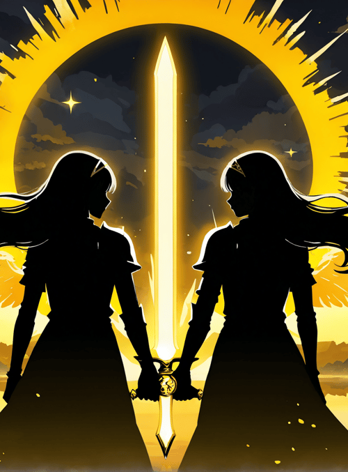 silhouette, women, sword, wings, cityscape