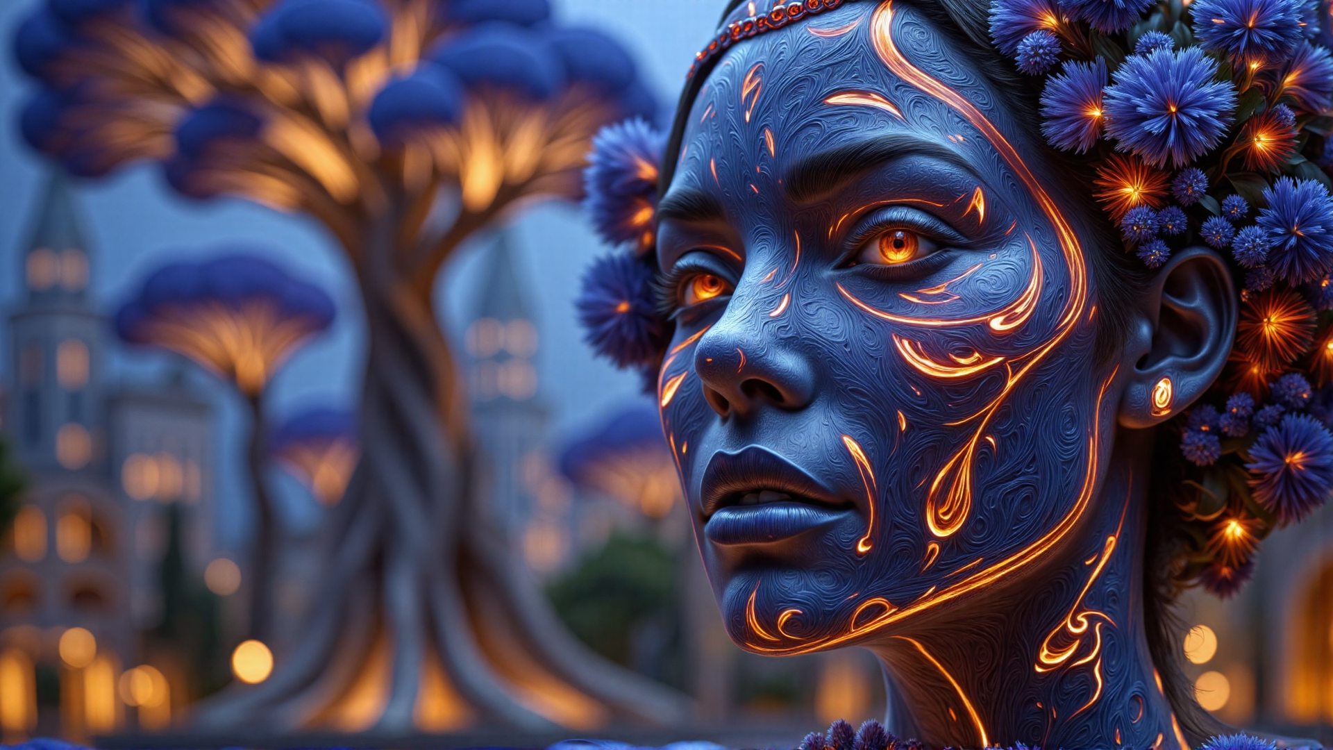 AI generated wallpaper featuring woman, trees, flowers, face, earrings, headband