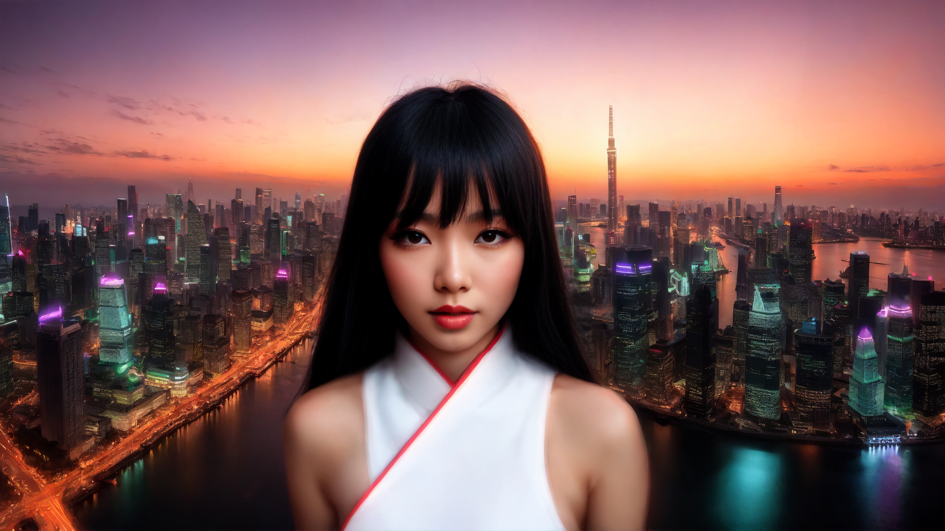 AI generated wallpaper featuring woman, cityscape, skyscrapers