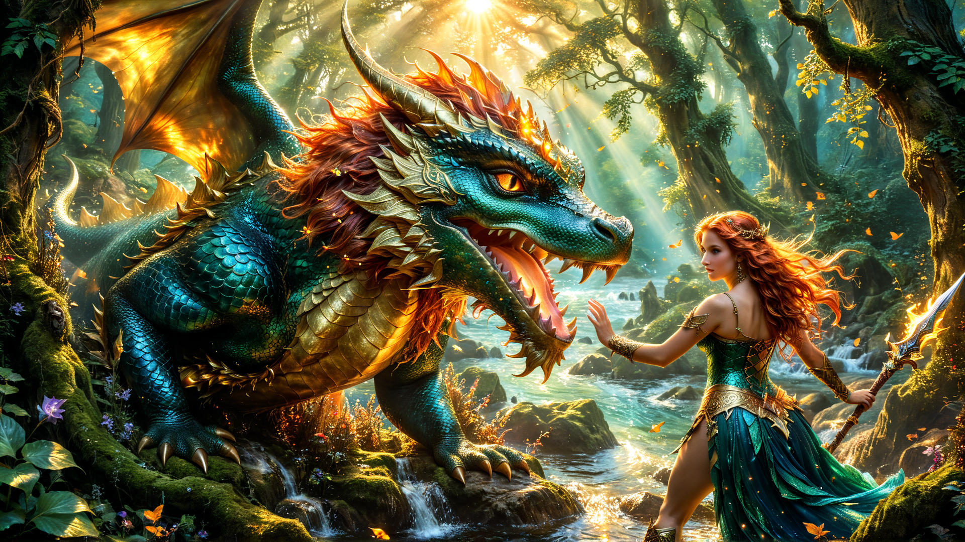 AI generated wallpaper featuring dragon, woman, forest, sunlight, river, sword, leaves