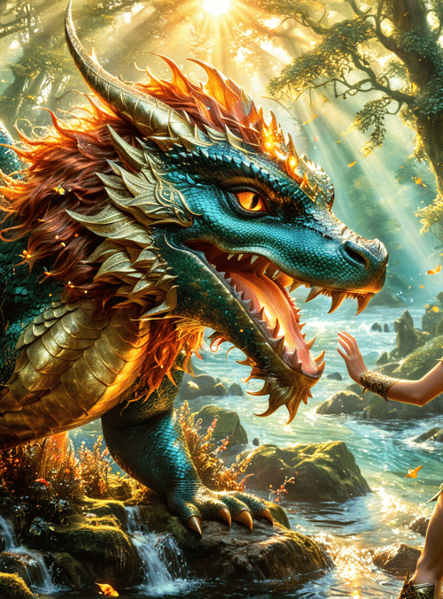 dragon, woman, forest, sunlight, river, sword, leaves