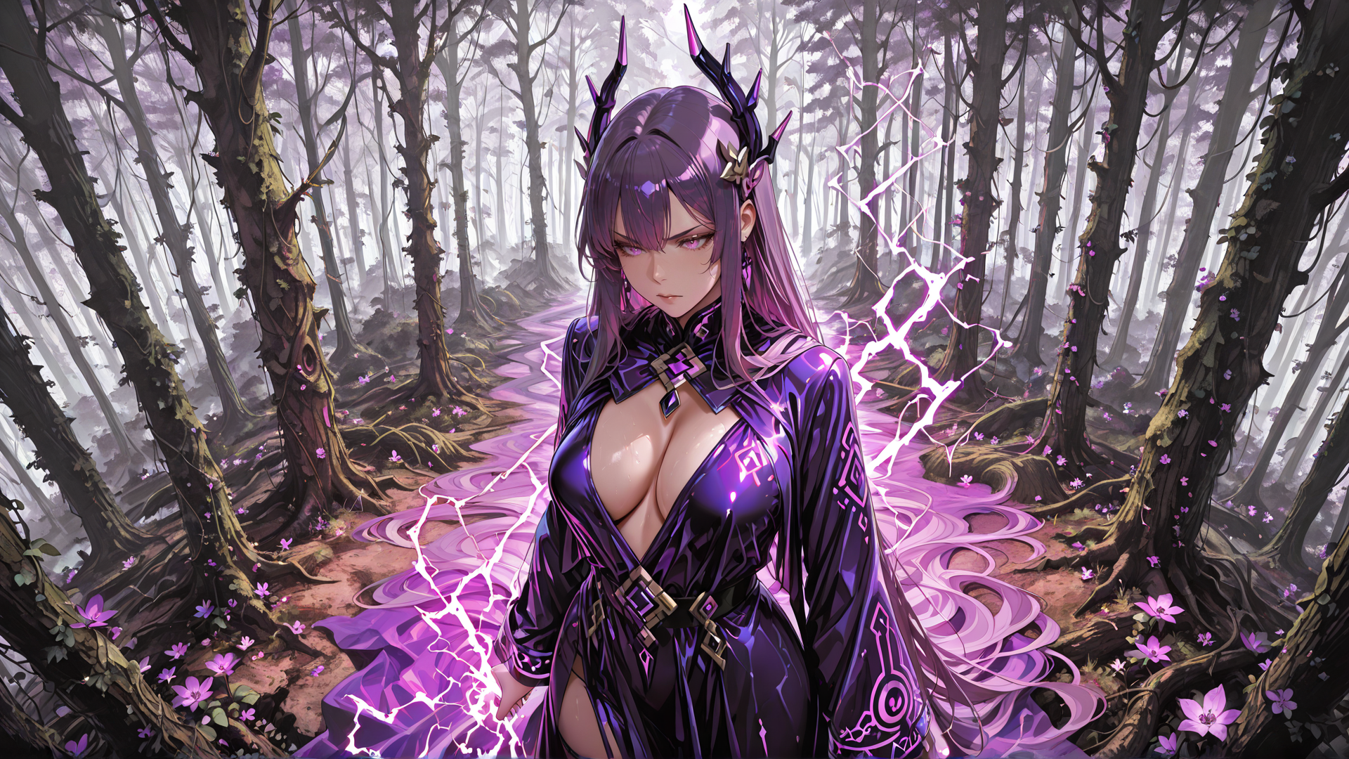 AI generated wallpaper featuring woman, forest, magic, electricity, thunder