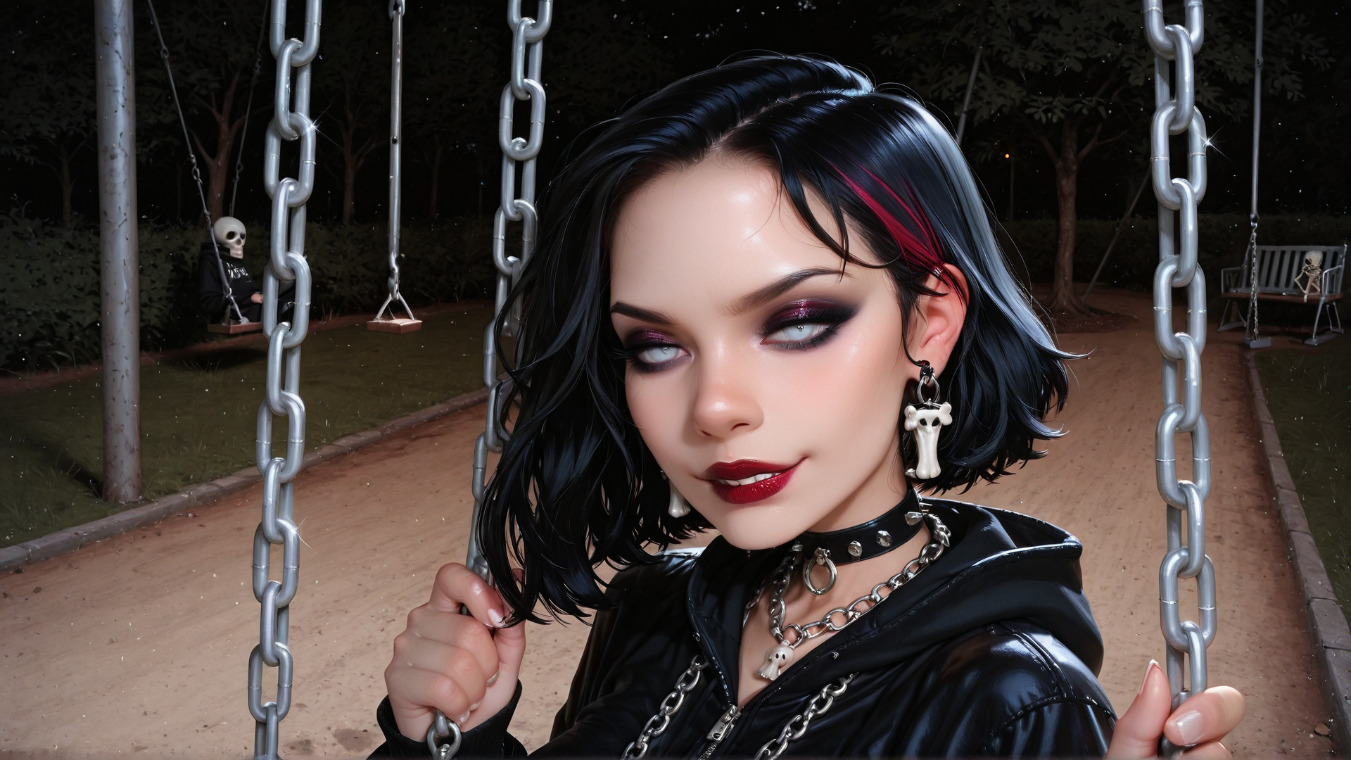 AI generated wallpaper featuring woman, swings, chains, skeleton, skull, park, trees