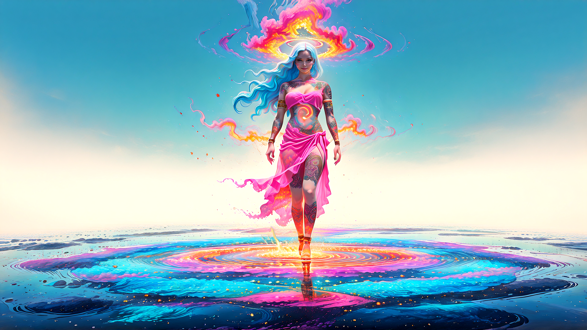 AI generated wallpaper featuring woman, goddess, tattoo, water