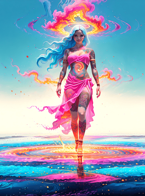 woman, goddess, tattoo, water
