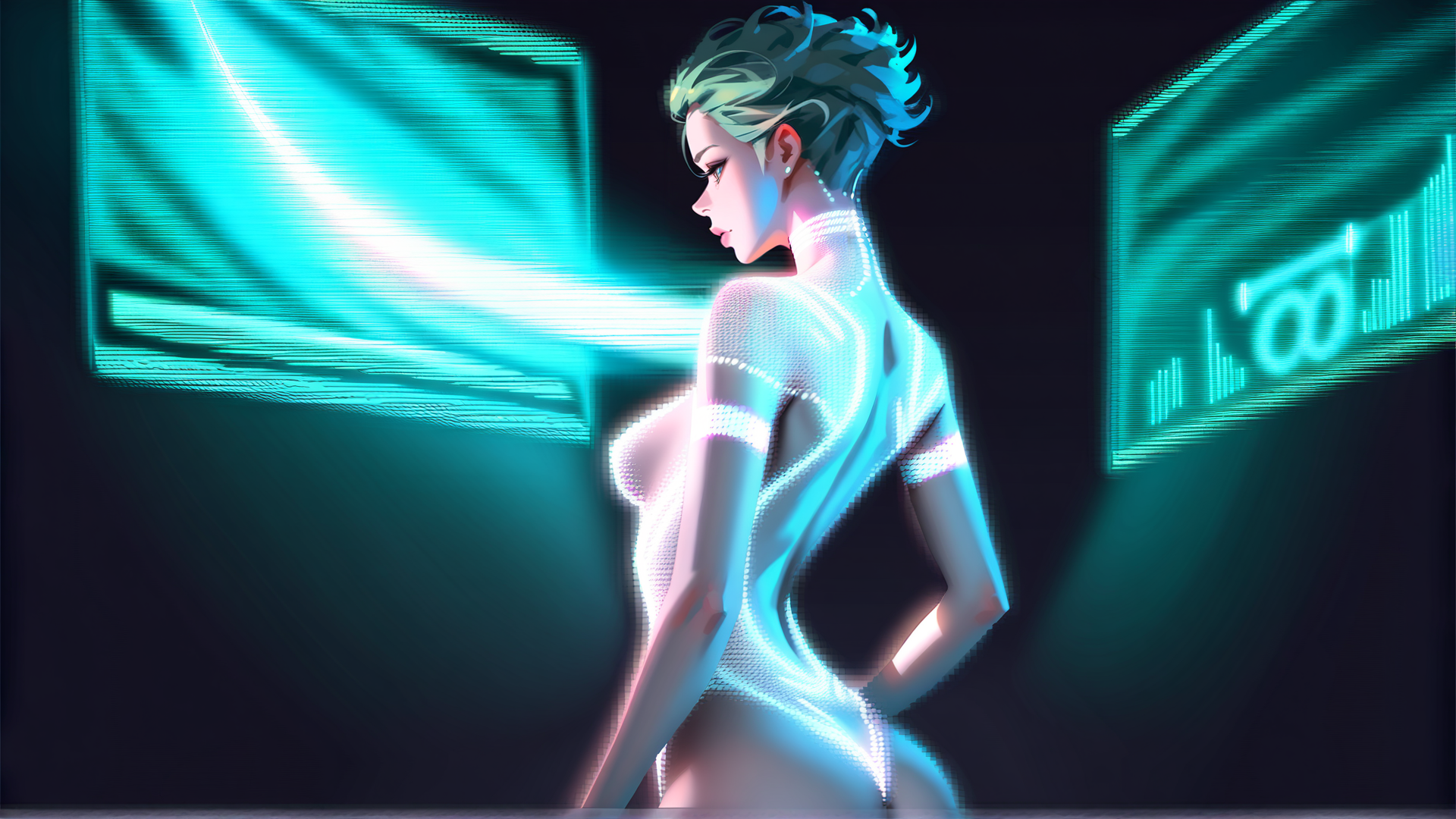AI generated wallpaper featuring woman, cyberpunk, glowing