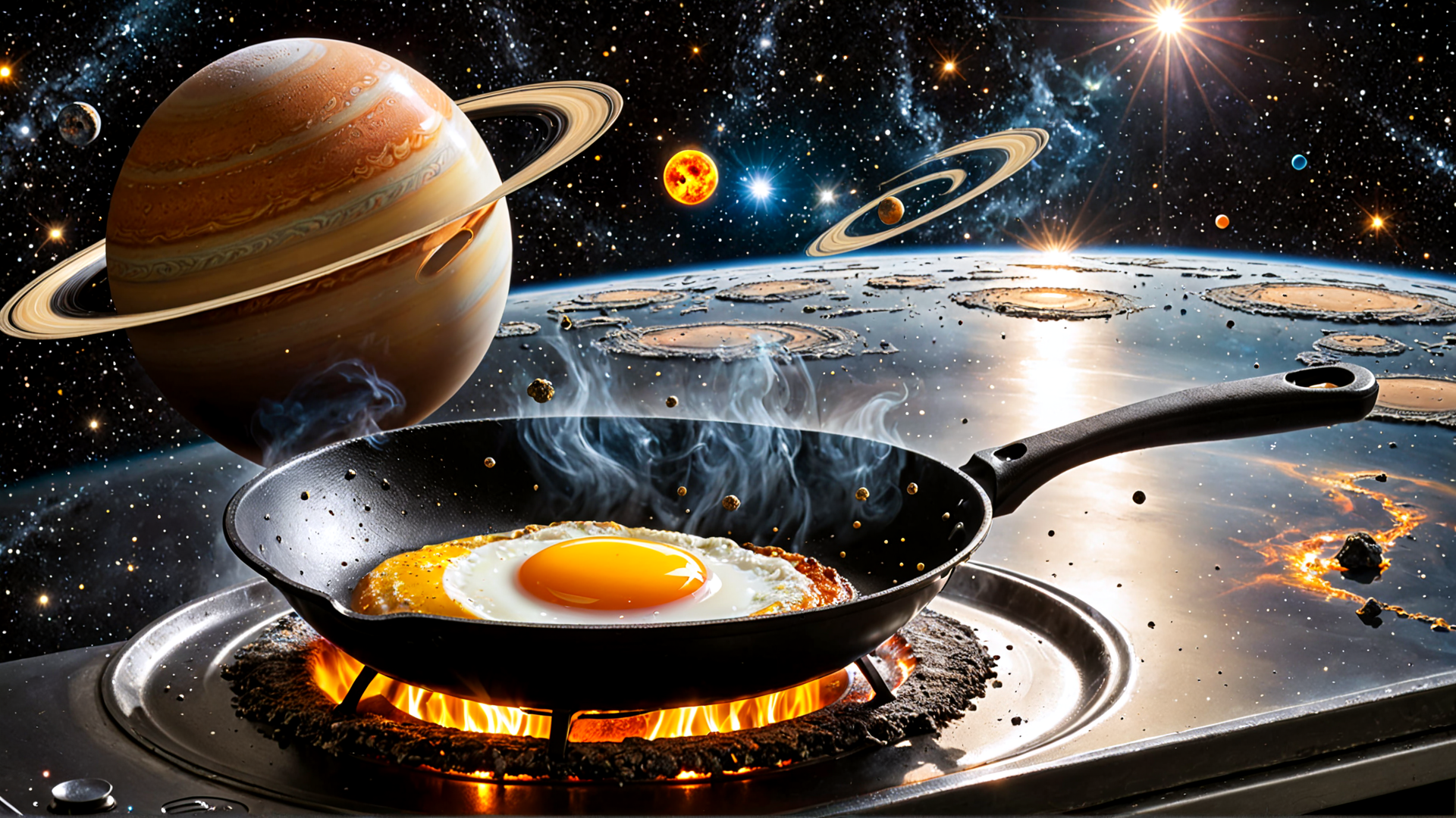 AI generated wallpaper featuring egg, planet, pan