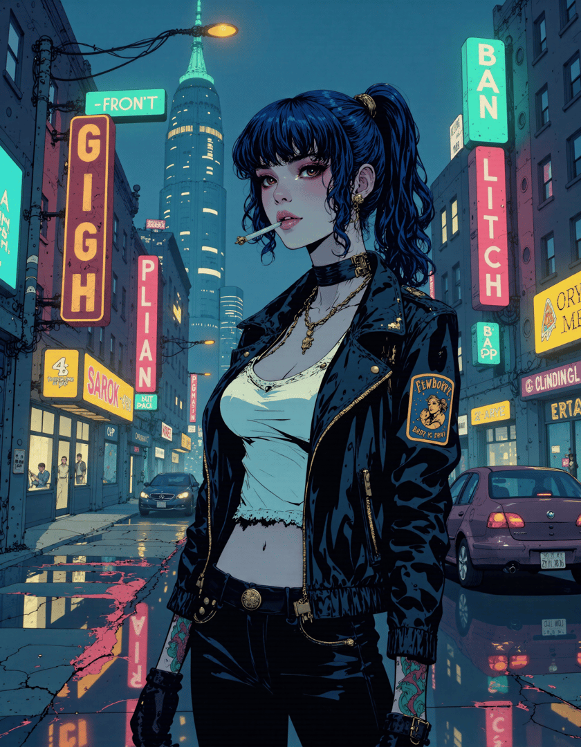 AI generated wallpaper featuring woman, city, street, signs, car, jacket, tattoo, cigarette, building, choker