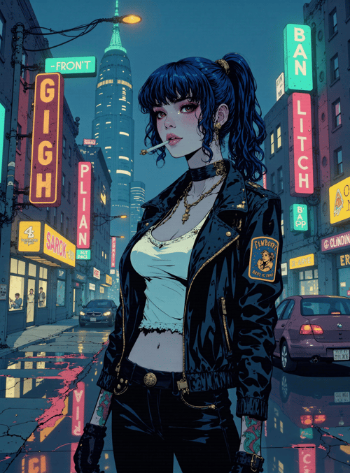 woman, city, street, signs, car, jacket, tattoo, cigarette, building, choker