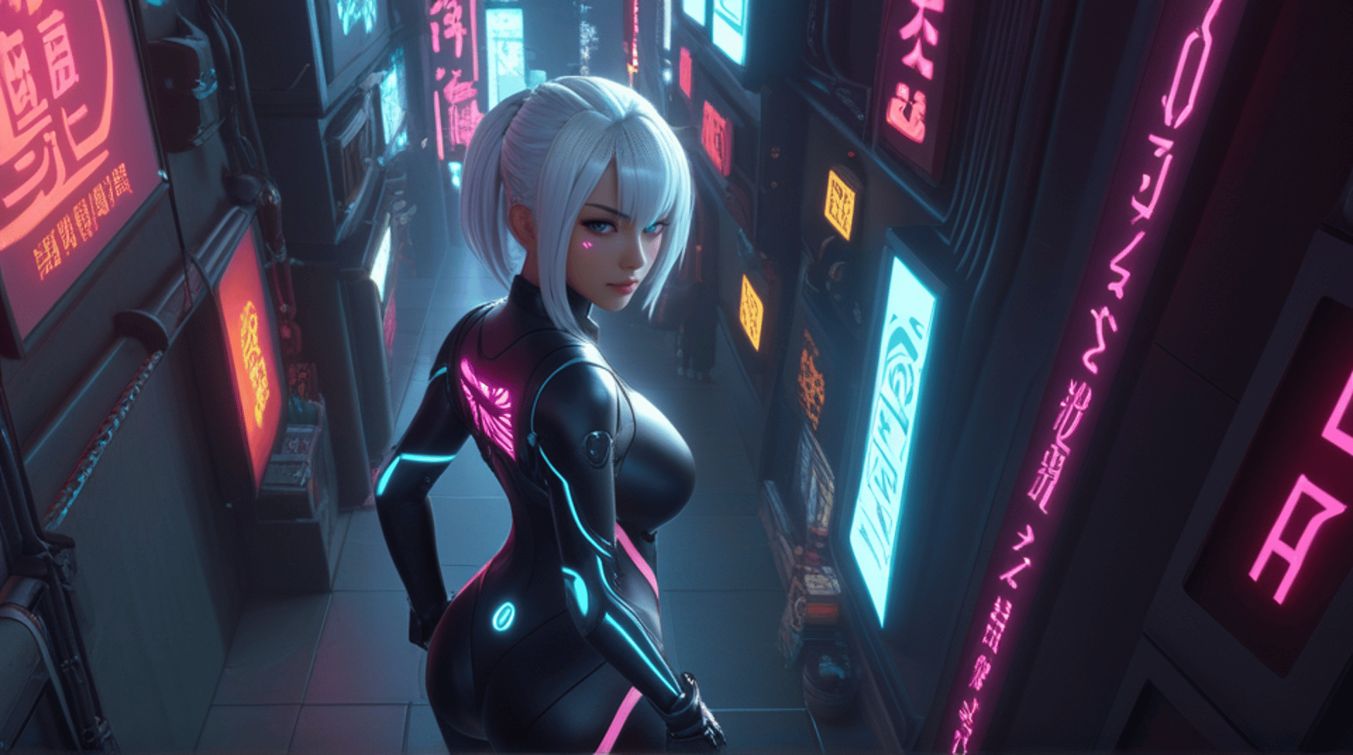 AI generated wallpaper featuring cyborg, woman, neon