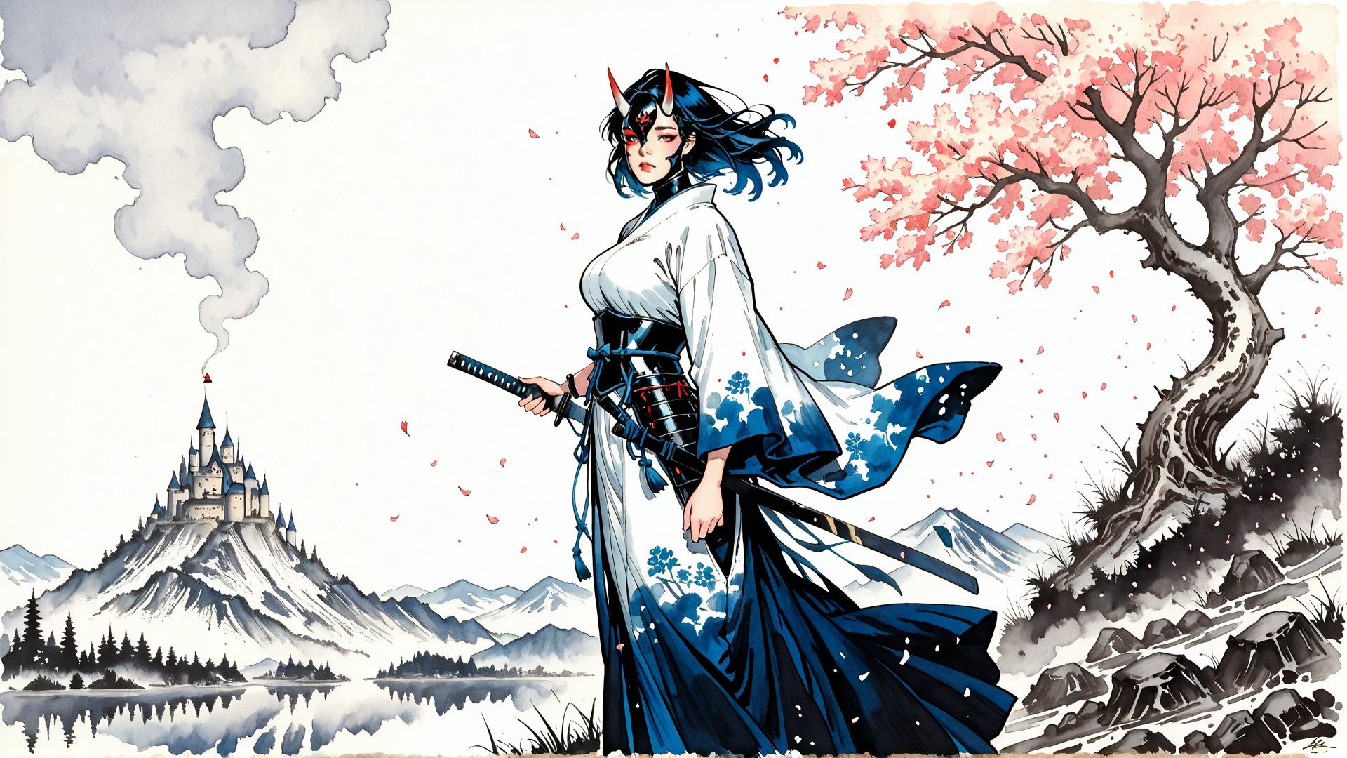 AI generated wallpaper featuring samurai, cherry tree, castle, sword, mountain, knight, flying, sakura, dragon, woman