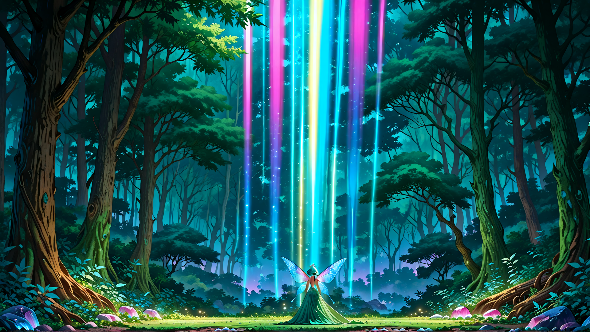 AI generated wallpaper featuring fairy, forest, trees, light beams, crystals, mushrooms, glowing plants, magic, nature, fairy tale