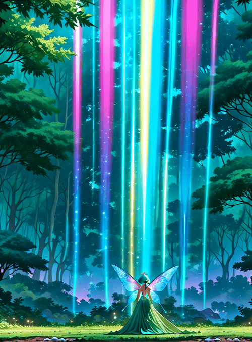 fairy, forest, trees, light beams, crystals, mushrooms, glowing plants, magic, nature, fairy tale