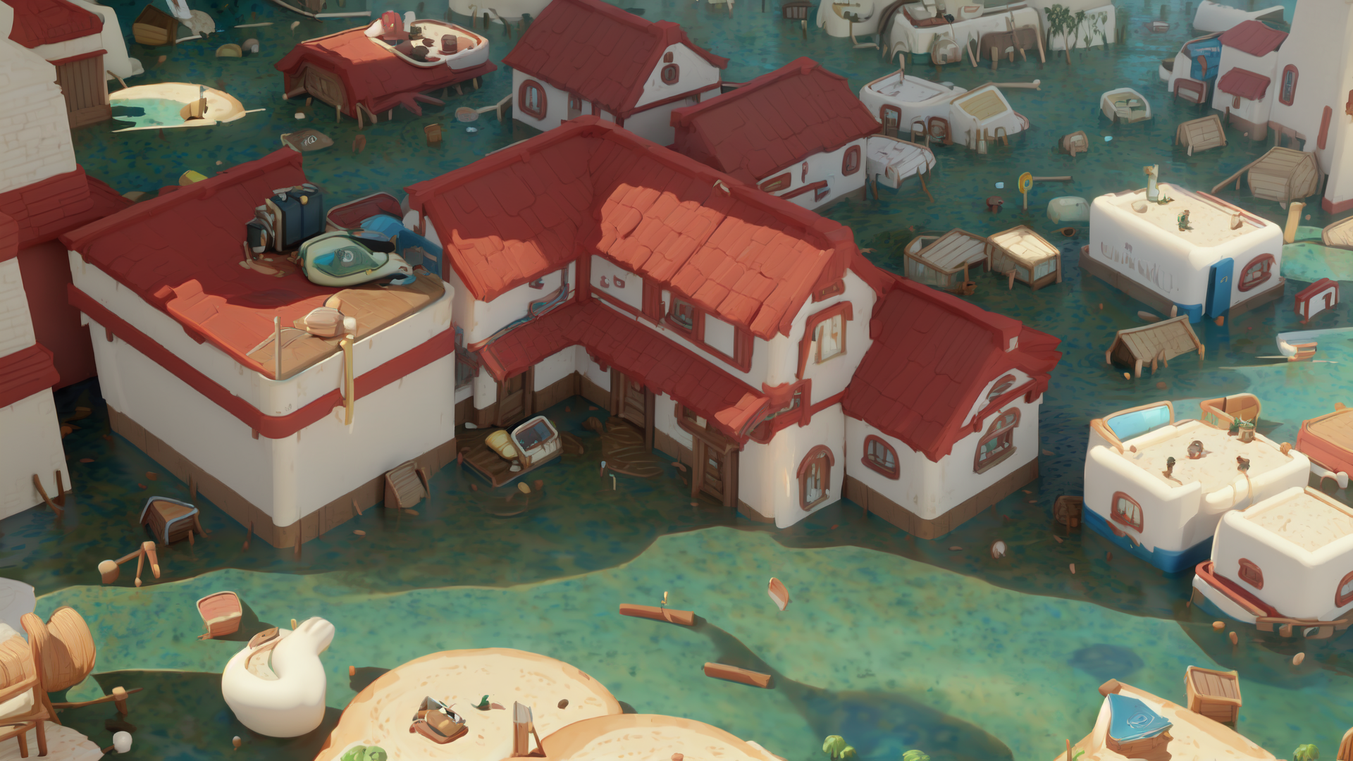 AI generated wallpaper featuring houses, flood, floating objects