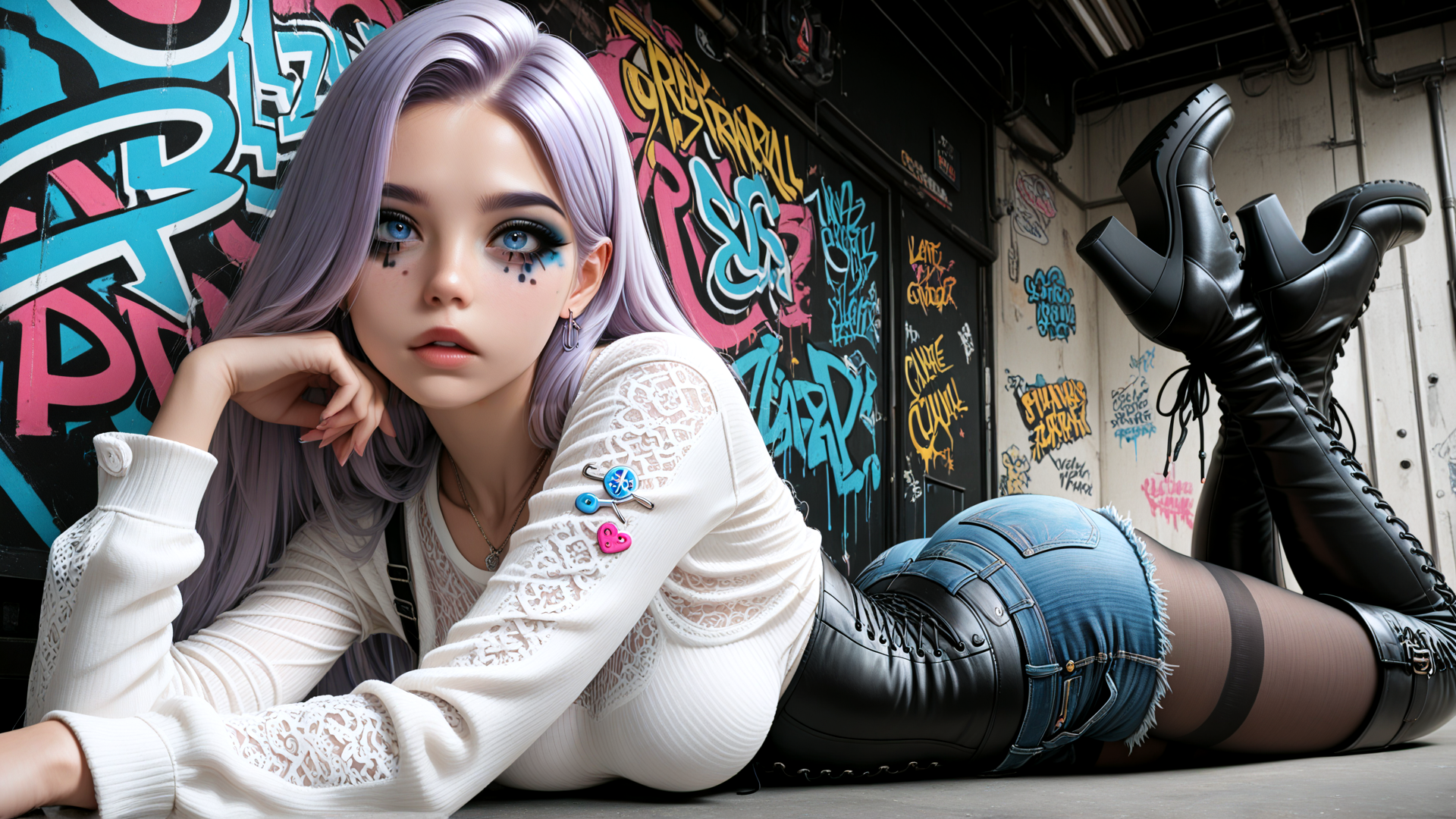 AI generated wallpaper featuring woman, graffiti, boots, denim, lace, keychain, socks, holographic, pantyhose, mohawk