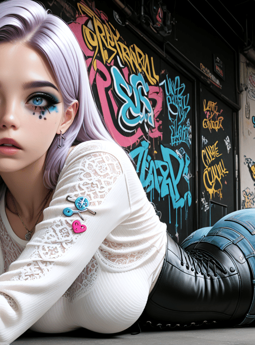 woman, graffiti, boots, denim, lace, keychain, socks, holographic, pantyhose, mohawk