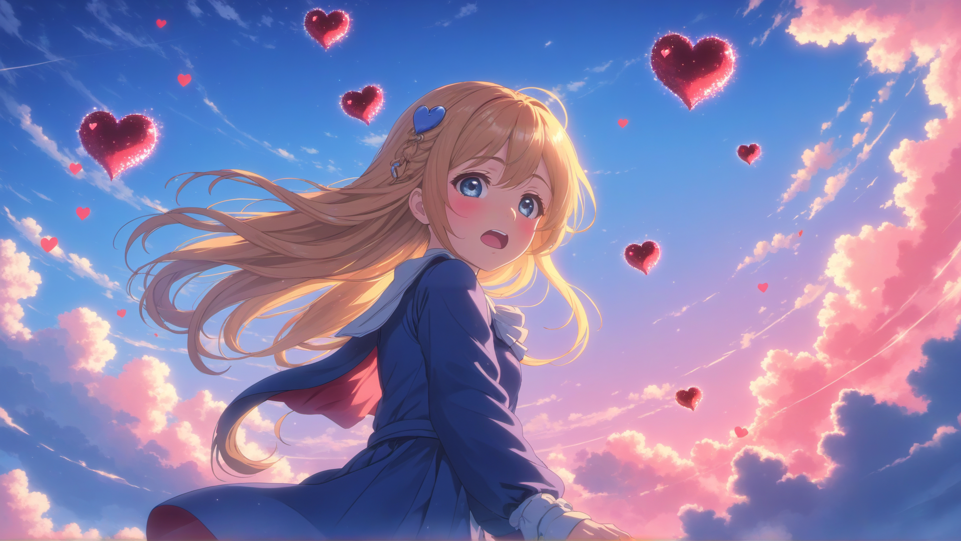 AI generated wallpaper featuring girl, hearts, sky