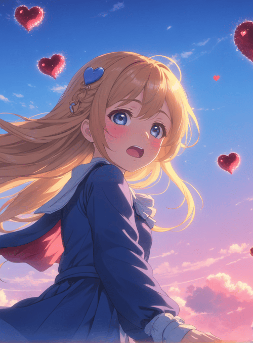 girl, hearts, sky
