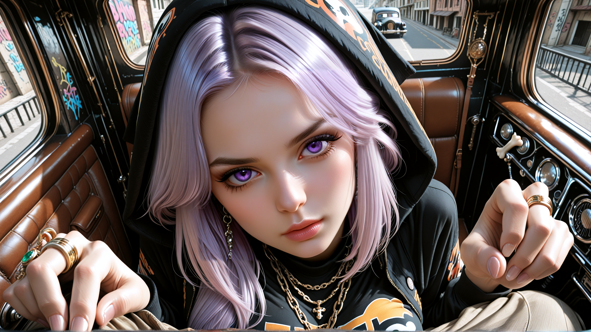 AI generated wallpaper featuring girl, hoodie, car, glasses, rings, necklaces, hair, car interior, street, graffiti