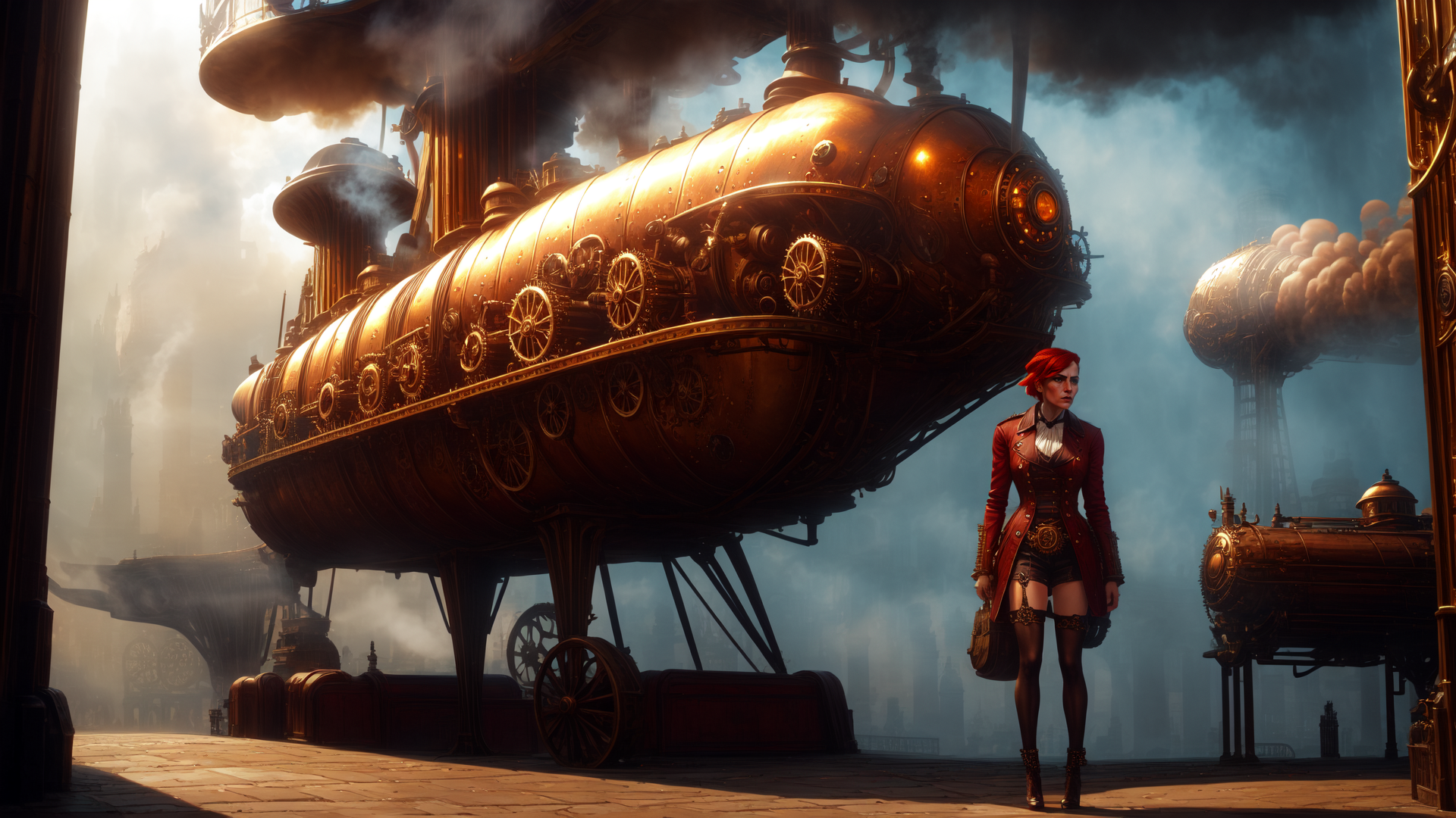 AI generated wallpaper featuring steampunk airship, woman, cityscape