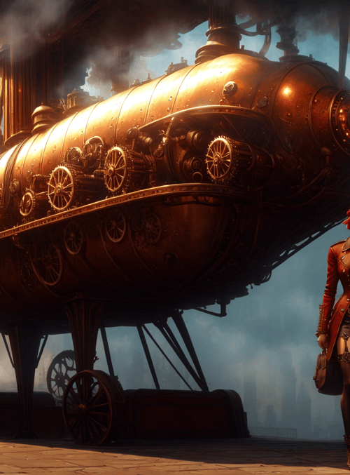 steampunk airship, woman, cityscape