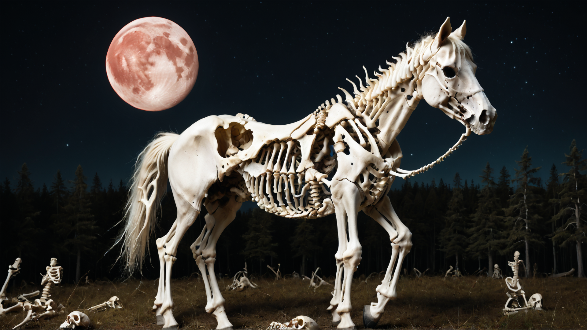 AI generated wallpaper featuring skeleton, horse, moon, forest, skull