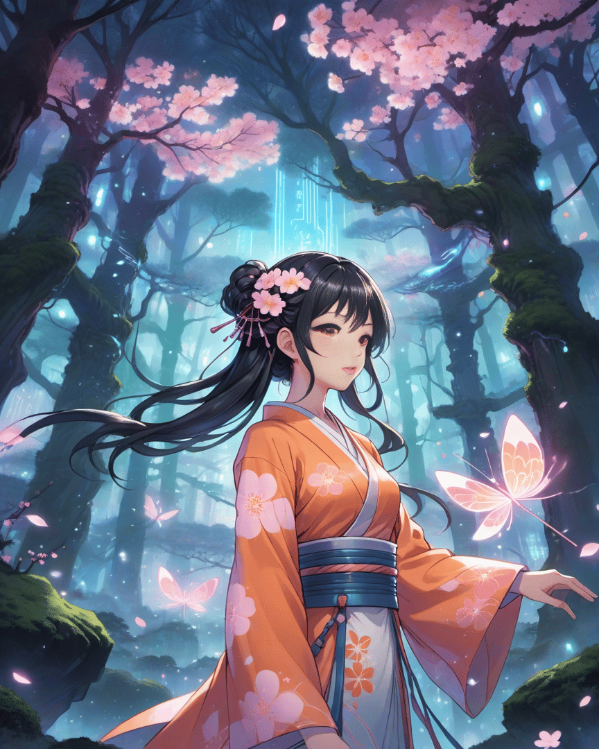 AI generated wallpaper featuring woman, butterfly, cherry tree