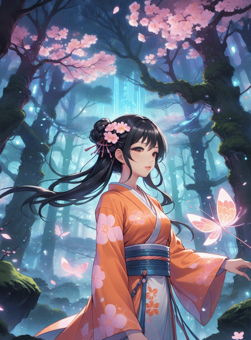 woman, butterfly, cherry tree