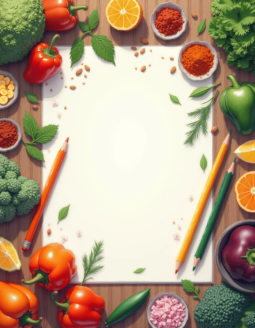 AI generated wallpaper featuring vegetables, pencils, spices