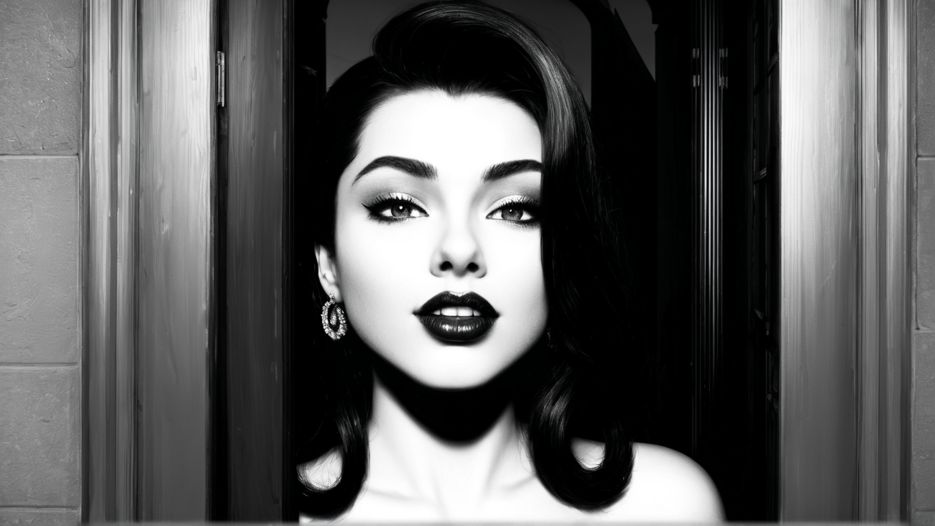 AI generated wallpaper featuring woman, hair, earrings, door, wall