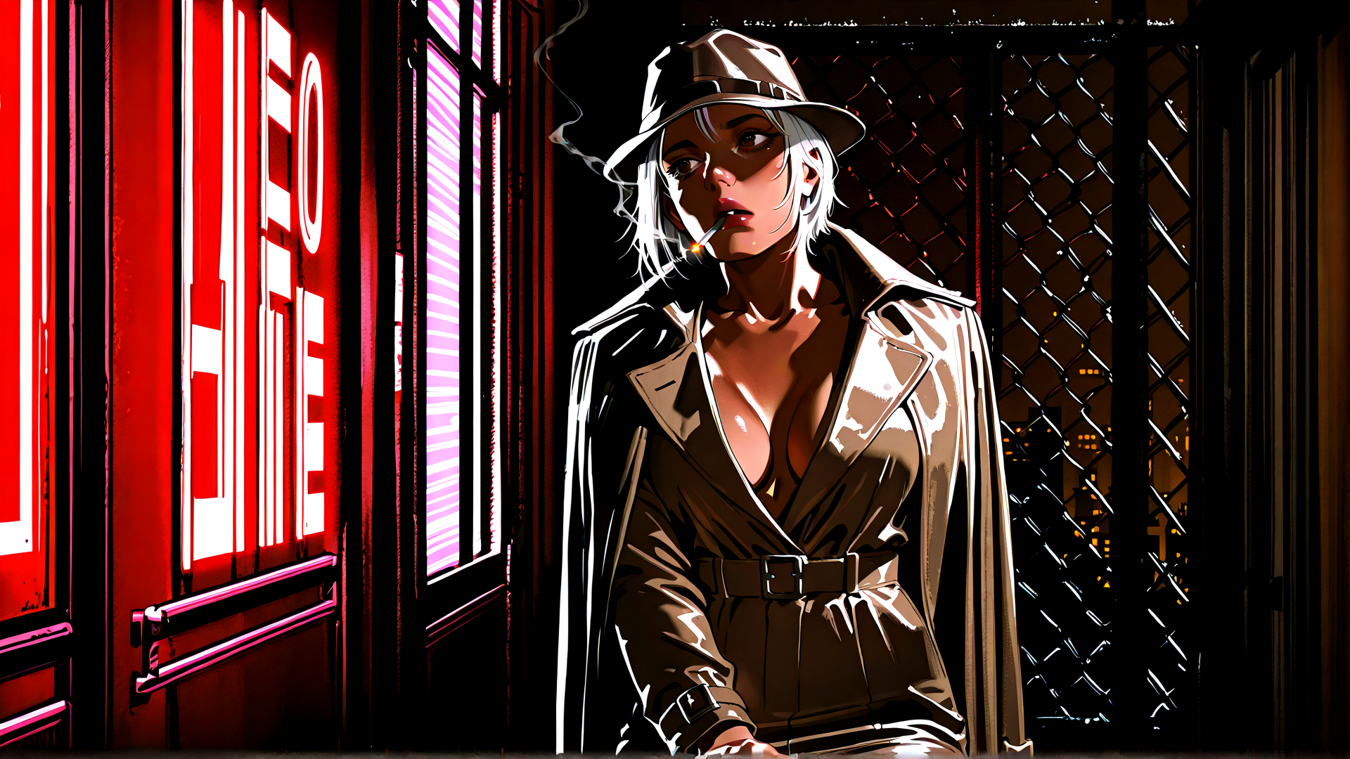 AI generated wallpaper featuring woman, hat, coat, smoke, neon sign, fence, city, window